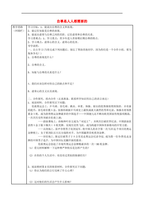 七年级政治下册 第一单元 第一课 第1框 自尊是人人都需要的学案(无答案) 新人教版