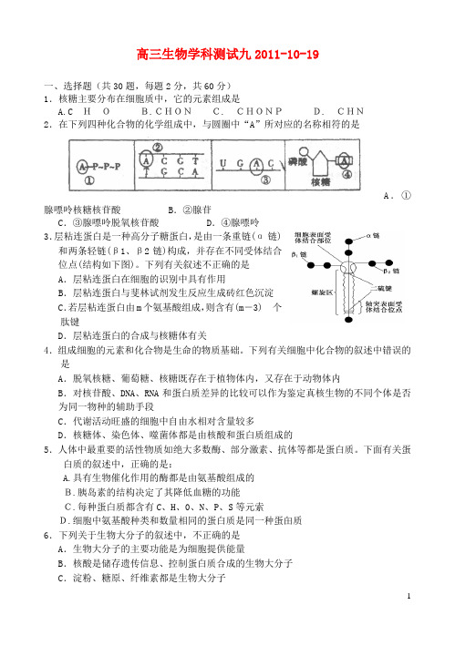 黑龙江省齐齐哈尔市实验中学高三生物上学期学科测试(