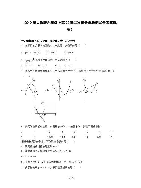 2019年人教版九年级上第22章二次函数单元测试含答案解析