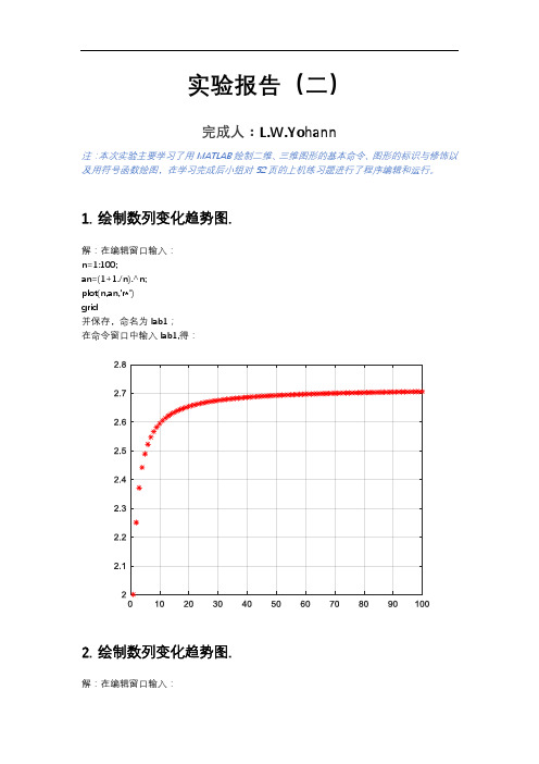 西安交通大学数学实验报告(用MATLAB绘制二维、三维图形)