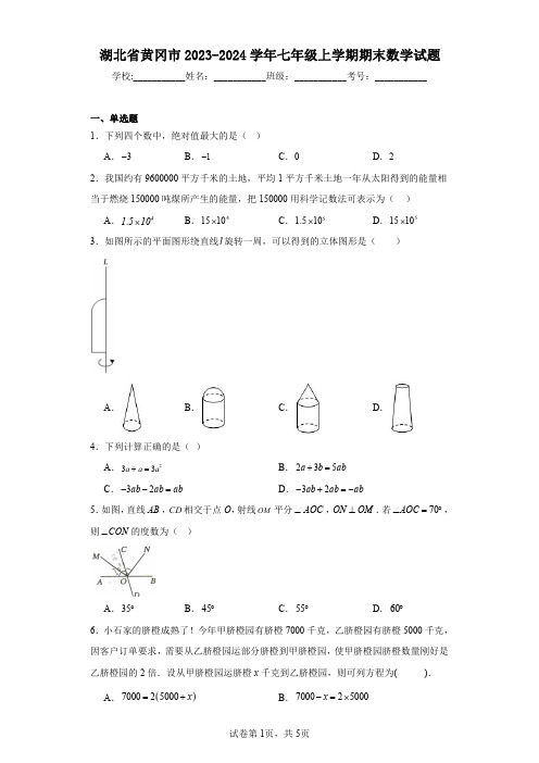 湖北省黄冈市2023-2024学年七年级上学期期末数学试题