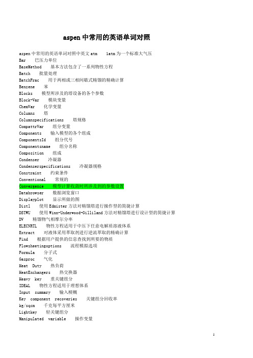 aspen中常用的英语单词对照