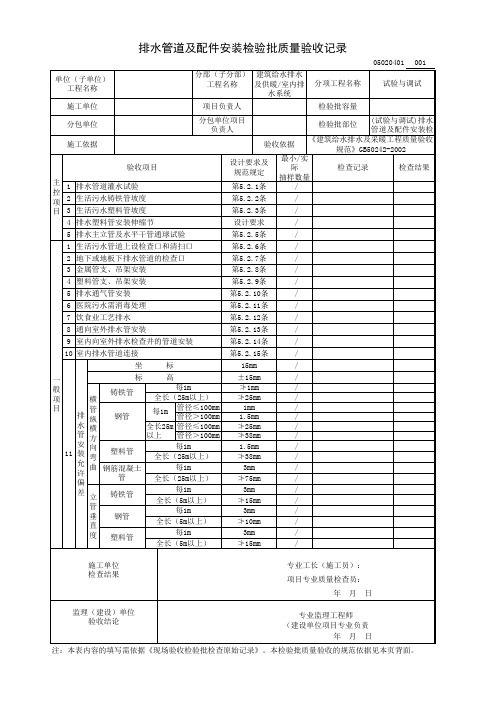 (试验与调试)排水管道及配件安装检验批质量验收记录