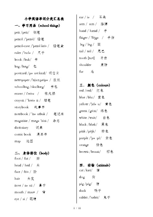 小学英语单词分类汇总表(老师)