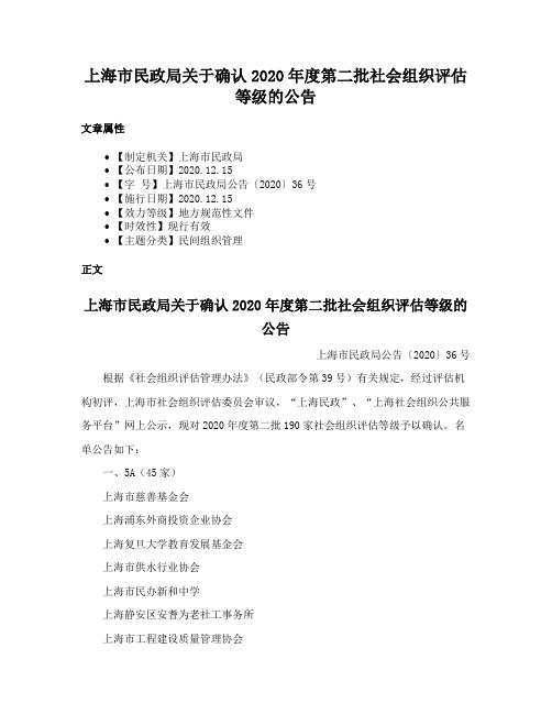 上海市民政局关于确认2020年度第二批社会组织评估等级的公告