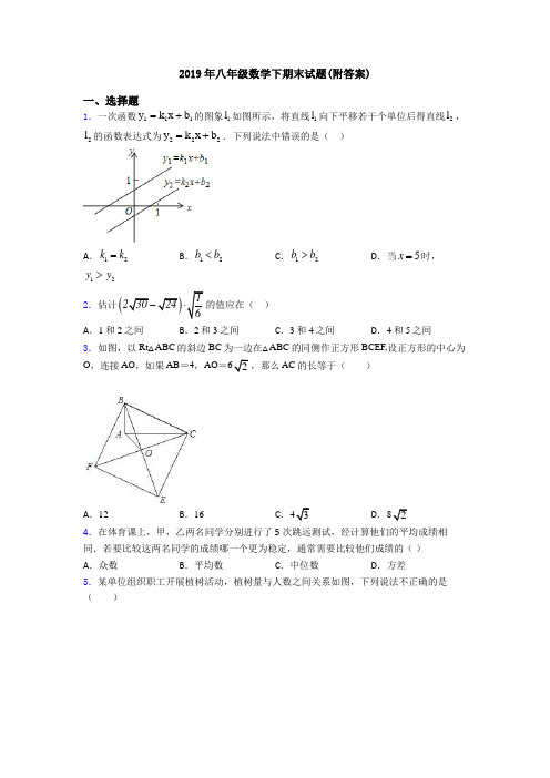 2019年八年级数学下期末试题(附答案)