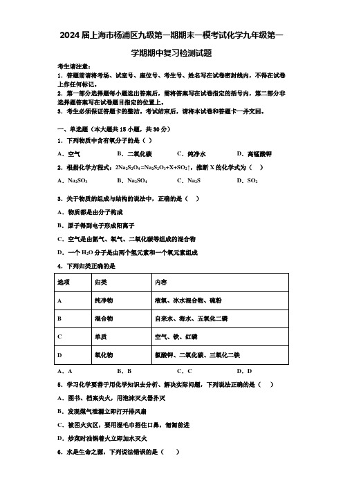 2024届上海市杨浦区九级第一期期末一模考试化学九年级第一学期期中复习检测试题含答案解析