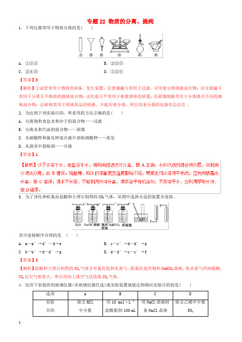 2019年高考化学二轮复习专题22物质的分离提纯练习(有答案)