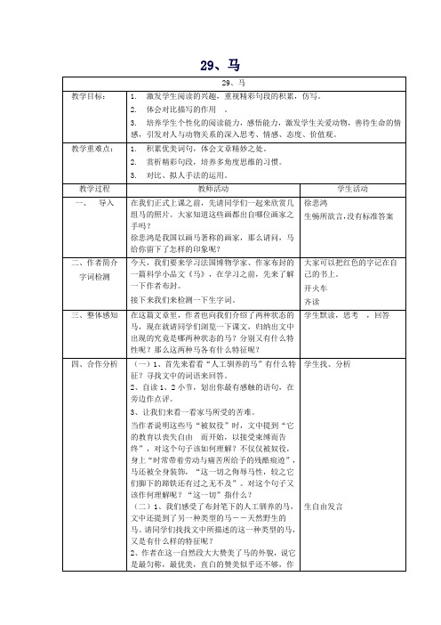 【精品教案】七年级语文下册第六单元第29课《马》教学设计(新版)新人教版
