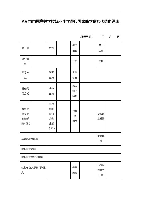 AA市市属高等学校毕业生学费和国家助学贷款代偿申请表