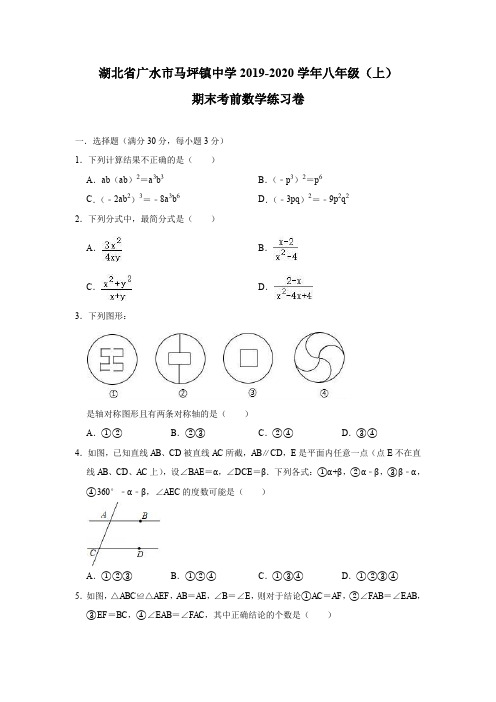 湖北省广水市马坪镇中学2019-2020学年八年级(上)期末考前数学练习卷(含答案)