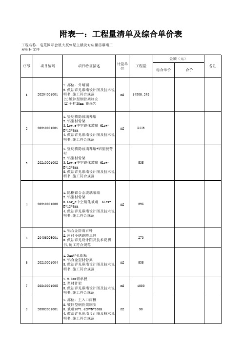 幕墙招标工程量清单