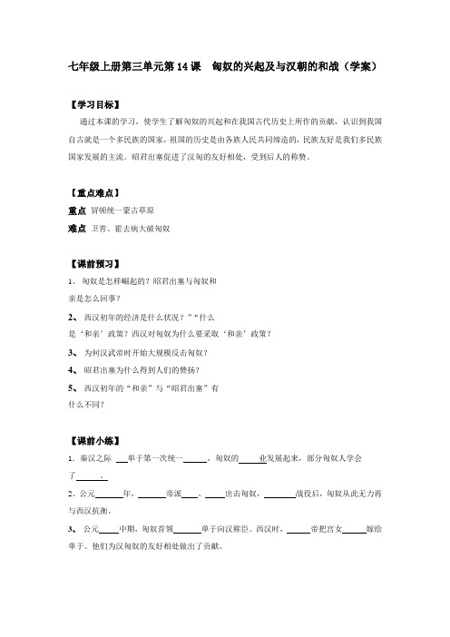 七年级上册第三单元第14课 匈奴的兴起及与汉朝的和战(学案)