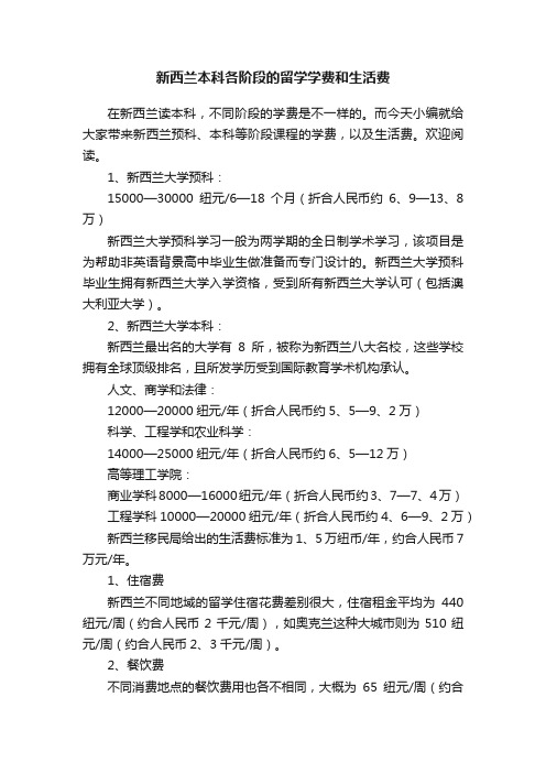 新西兰本科各阶段的留学学费和生活费