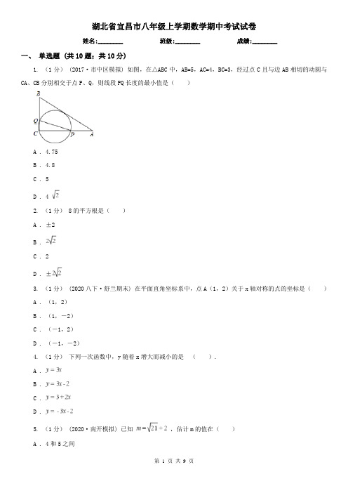 湖北省宜昌市八年级上学期数学期中考试试卷