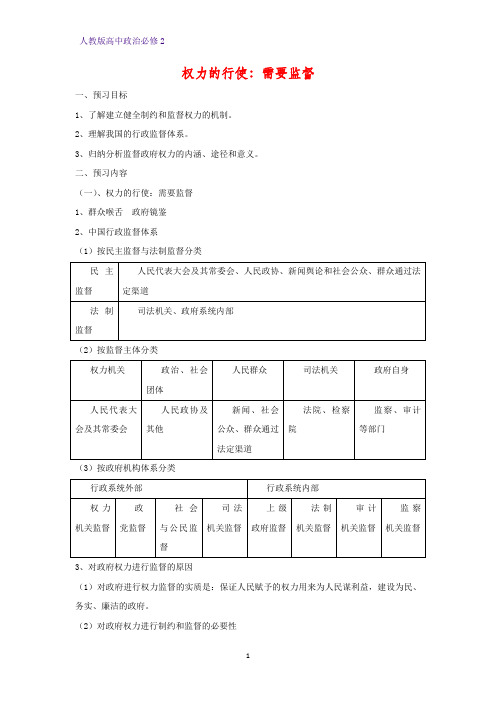 人教版高中政治必修2优质学案2：4.2  权力的行使：需要监督