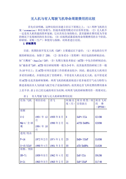 无人机与有人驾驶飞机寿命周期费用的比较