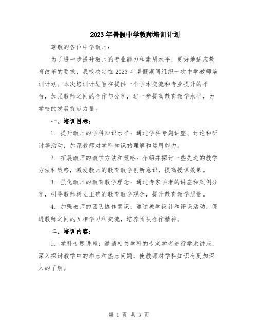 2023年暑假中学教师培训计划