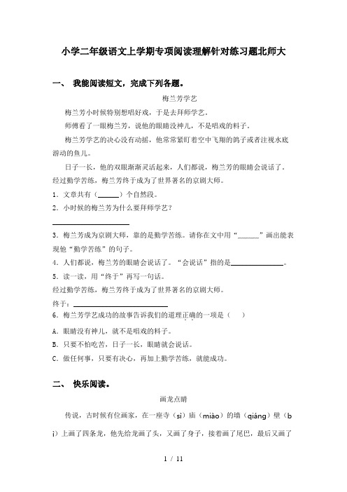 小学二年级语文上学期专项阅读理解针对练习题北师大