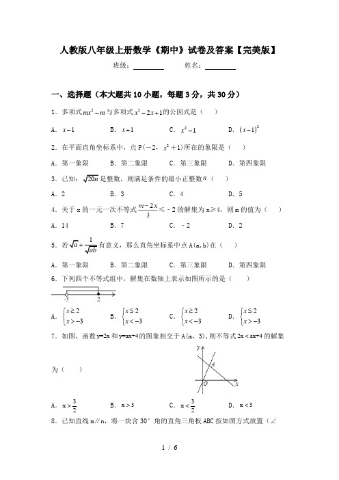 人教版八年级上册数学《期中》试卷及答案【完美版】