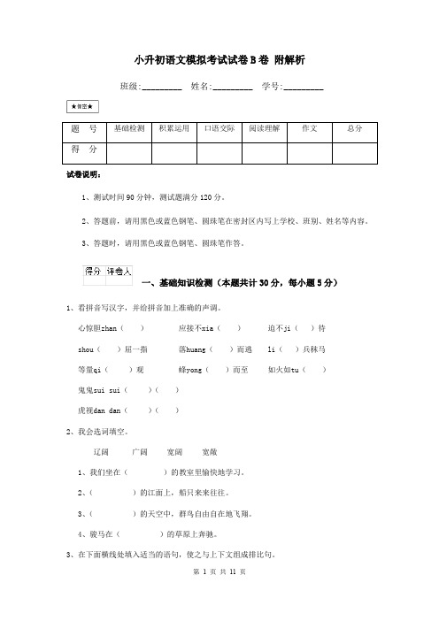 小升初语文模拟考试试卷B卷 附解析