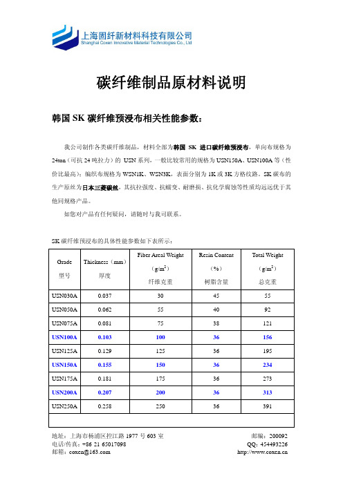 上海固纤_SK碳纤维预浸布相关参数