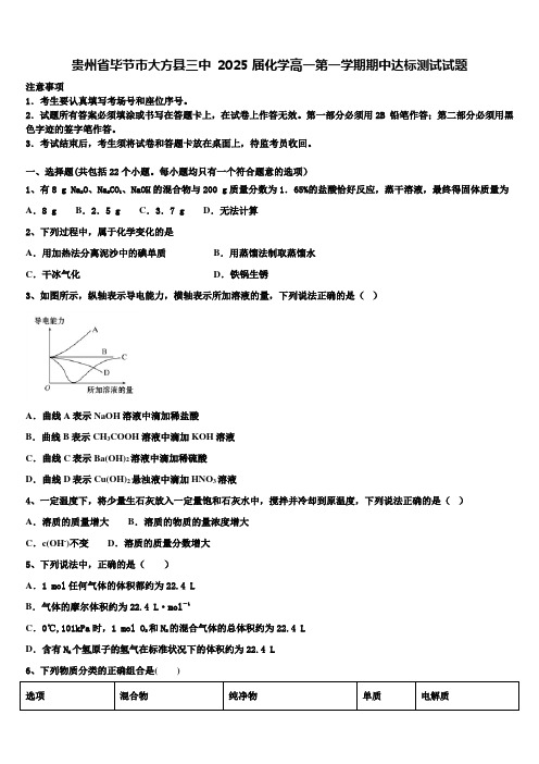 贵州省毕节市大方县三中2025届化学高一第一学期期中达标测试试题含解析