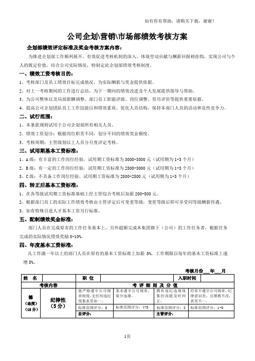 公司企划、市场、营销部绩效考核方案