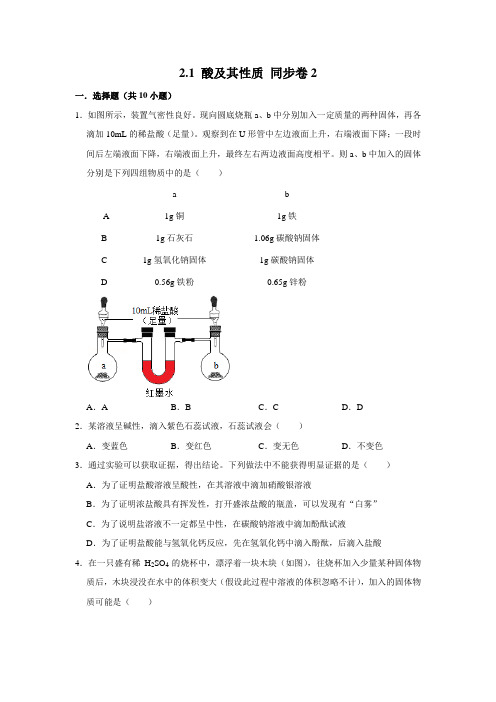 鲁教五四制版化学九年级全一册酸及其性质课时练习