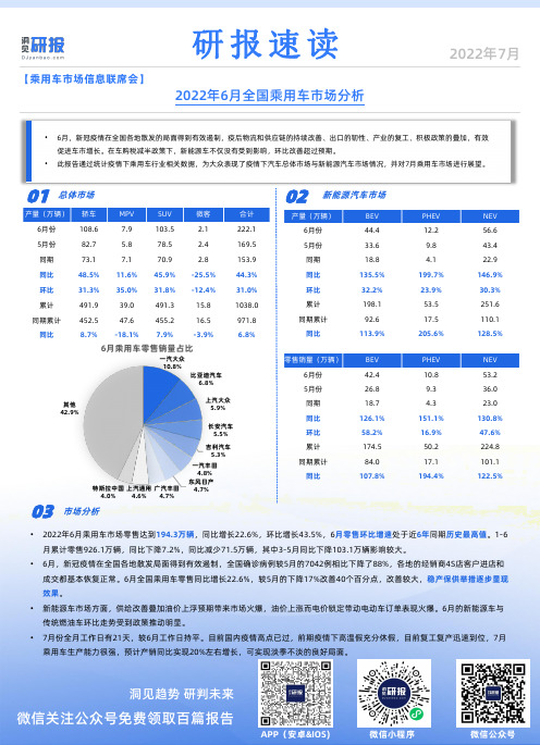 【洞见研报】研报速读：乘用车市场信息联席会——2022年6月全国乘用车市场分析【洞见研报DJyanb