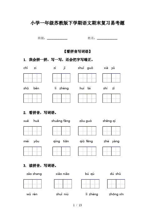 小学一年级苏教版下学期语文期末复习易考题