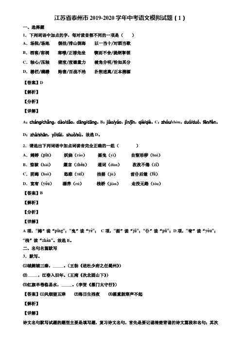 江苏省泰州市2019-2020学年中考语文模拟试题(1)含解析