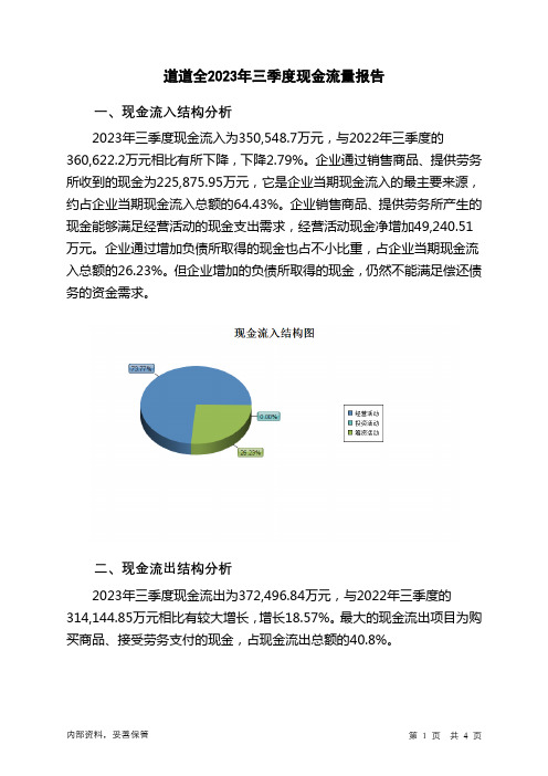 002852道道全2023年三季度现金流量报告