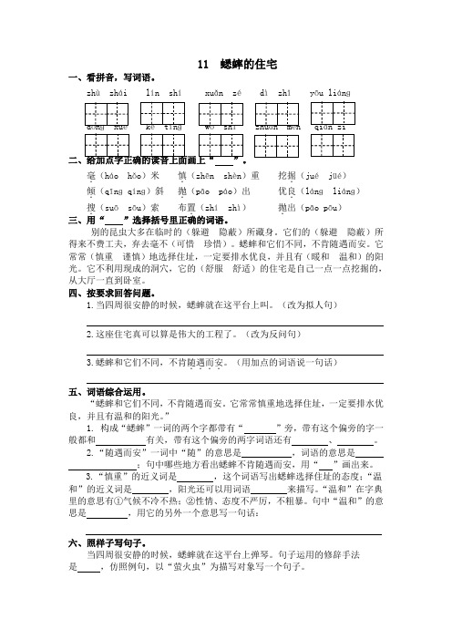 11《 蟋蟀的住宅》 人教部编版四年级上册一课一练(含答案)