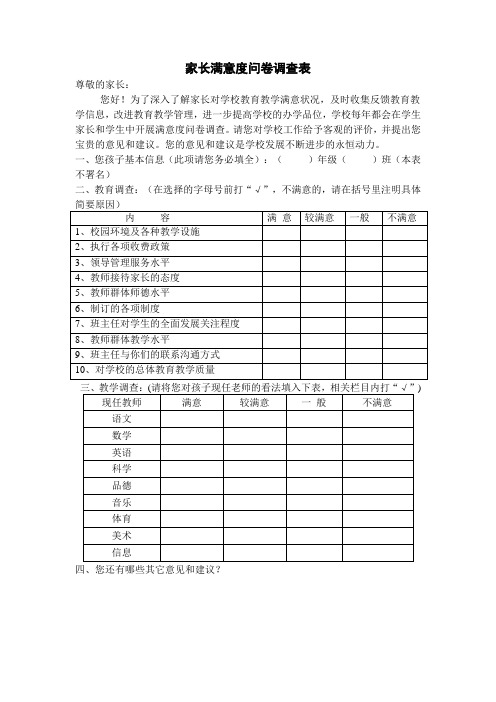 家长满意度问卷调查表