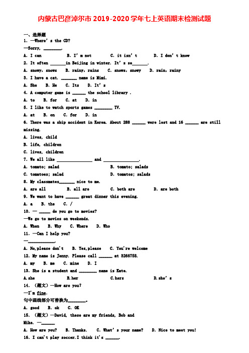 内蒙古巴彦淖尔市2019-2020学年七上英语期末检测试题