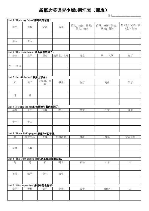 新概念青少版入门级B单词表(课表)