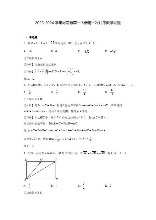 2023-2024学年河南省高一下册第一次月考数学试题(含解析)