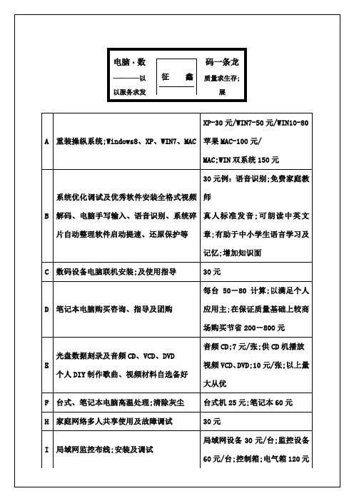 电脑维修价目表