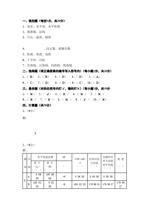 测量学 试卷一答案