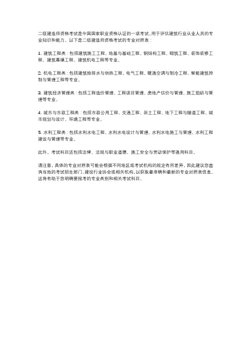 二级建造师资格考试专业对照表