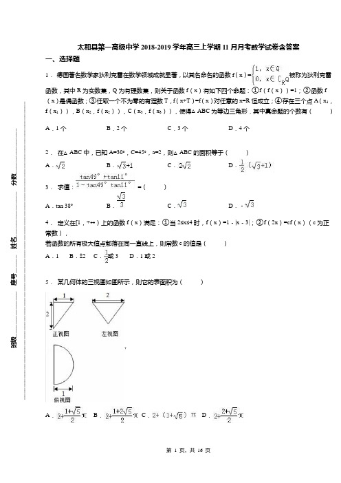 太和县第一高级中学2018-2019学年高三上学期11月月考数学试卷含答案