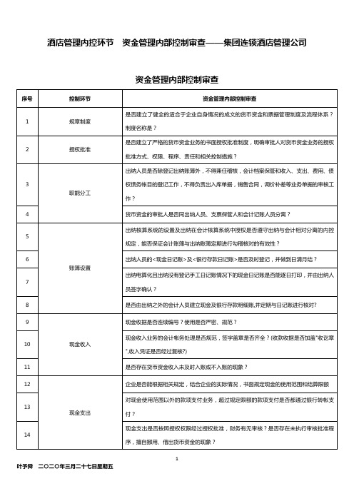 酒店管理内控环节  资金管理内部控制审查——集团连锁酒店管理公司2032(叶予舜)