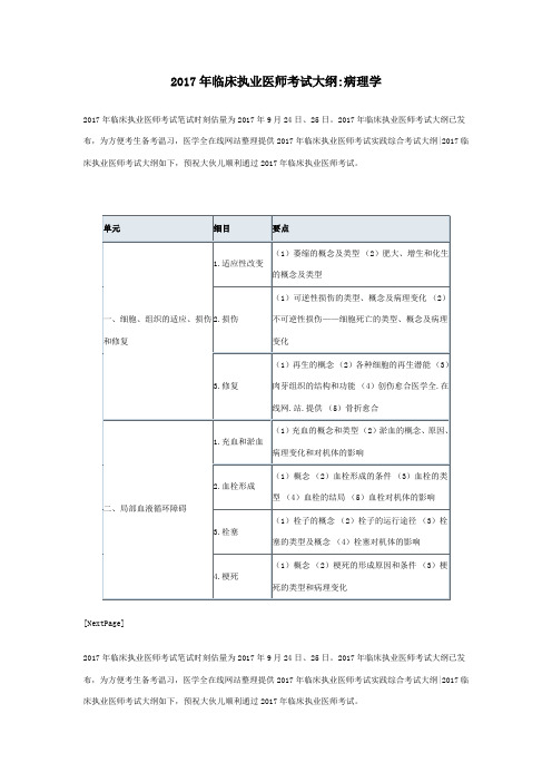 2017年度临床执业医师考试大纲病理学