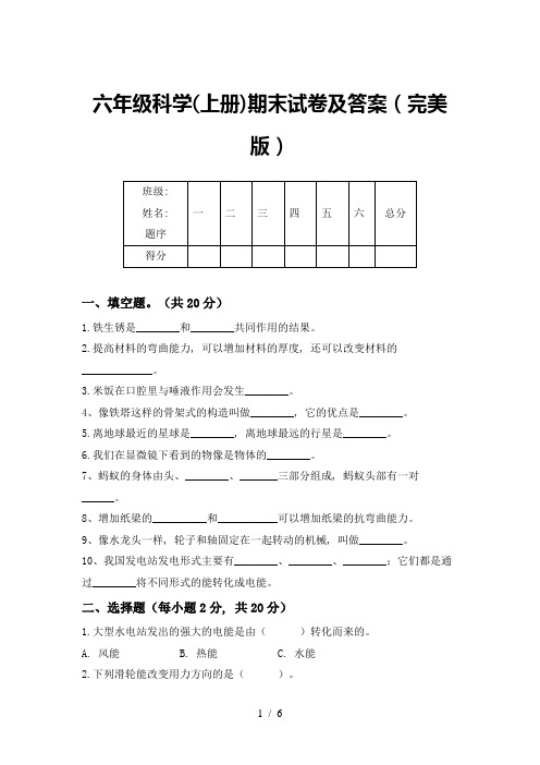 六年级科学(上册)期末试卷及答案(完美版)