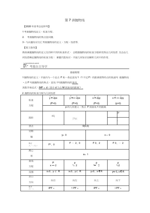 【创新方案】2020年高考数学一轮复习第九篇解析几何第7讲抛物线教案理新人教版