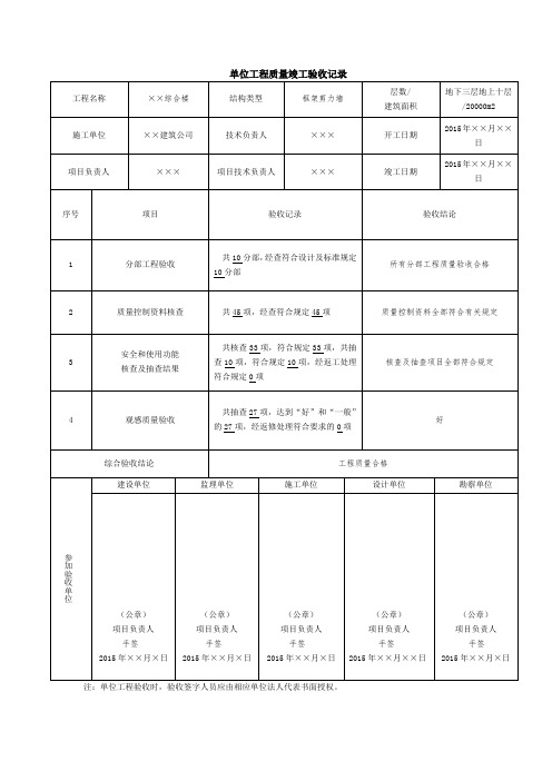 单位工程质量竣工验收记录(2018新验标检)