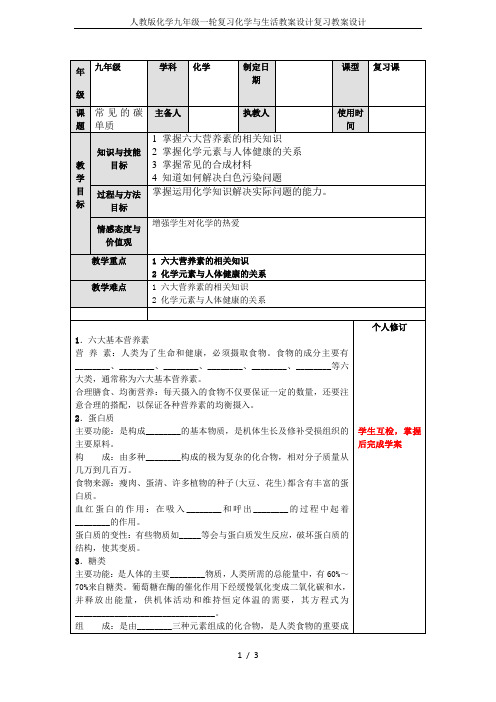 人教版化学九年级一轮复习化学与生活教案设计复习教案设计