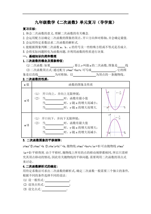 九年级数学《二次函数》单元复习(导学案)