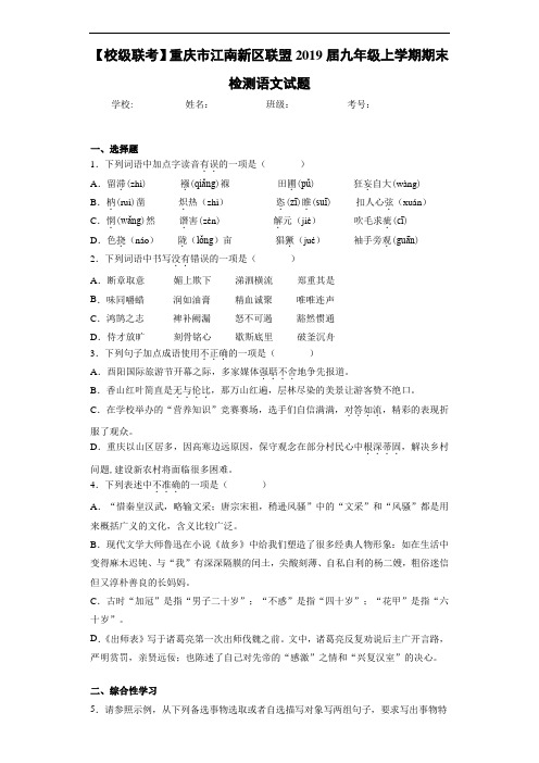 重庆市江南新区联盟2019届九年级上学期期末检测语文试题(答案解析)